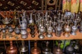 Moscow, Russia - March 19, 2017: Old traditional oriental brass vases and jugs at the bazaar