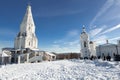 Panorama of Kolomenskoye village with ancient Church of the Ascension on the left and Church of St. George, 16th century.