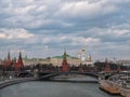 Moscow, Russia - March 2019. Panoramic view to Moscow Kremlin and bridge over Moscow river Royalty Free Stock Photo