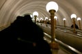 MOSCOW, RUSSIA - MARCH 12, 2018: People descend to the subway on an escalator at the metro station Prospekt Mira, a ring road