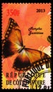 Postage stamp printed in Cote d`Ivoire shows Morpho justitiae, Butterflies serie, circa 2013
