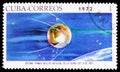 Postage stamp printed in Cuba shows Sputnik 1, Soviet Spaceflight serie, circa 1972