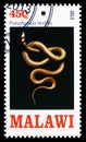 Postage stamp printed in Malawi shows Pseudonaja textilis, Snakes serie, circa 2013 Royalty Free Stock Photo