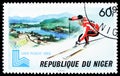 Postage stamp printed in Niger shows Giant slalom, Winter Olympics, Lake Placid serie, circa 1979 Royalty Free Stock Photo