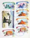 Postage stamp printed in Russia shows Tobolsk, Zaraysk, Nizhny Novgorod and Astrakhan Kremlins, Hydroplane design Grigorovich M-5