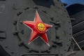 Moscow, Russia - March 15, 2017. The railway Museum at Riga station. A fragment of old steam train. Soviet star.