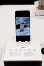 MOSCOW, RUSSIA - MARCH 28, 2018: SAMSUNG GALAXY S9 phone on a stand in the SAMSUNG brand store.