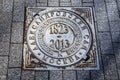 Moscow, Russia-March, 19, 2018: Sewer manhole cover in the Alexander Garden over the observation well