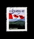 Canadian Flag over Hills, serie, circa 1991 Royalty Free Stock Photo