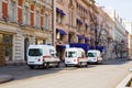 Moscow, Russia - March 28, 2020: Three ambulances are parked on the street. 