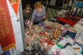 Moscow, Russia - March 19, 2017: Two female customers at the counter with vintage glass Christmas-tree toys at the fair