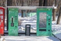 MOSCOW, RUSSIA - MARCH 02, 2019: Vending automates for selling hot drinks, beverages in the city park in winter - tea and coffee