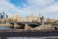 Moscow, Russia - March 25, 2018: View of the Borodinskiy bridge with the Rostovskaya embankment