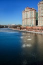 MOSCOW,RUSSIA - MARCH 14,2015: View on luxury residential complex Alie Parusa Red Sails from river side, Moscow Royalty Free Stock Photo