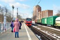 Moscow, Russia, March, 20, 2016. Woman on the train station Balashikha, Moscow region