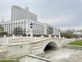 Moscow, Russia, March, 21, 2024. The 1905 year Bridge and the Government House of the Russian Federation