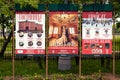MOSCOW, RUSSIA - MAY 15, 2019: Advertising posters in the green Kolomna park.