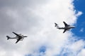 Moscow, Russia, May 7, 2021 - Air tanker Ilyushin IL-78 Midas and turboprop powered bomber Tu-95 Bear simulate in-flight
