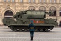 All-weather tactical anti-aircraft missile system `TOR-M2` at the dress rehearsal of the military parade in honor of Victory Day o