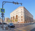 Architecture of the central Moscow children`s shop in the foreground of a crossroads with a busy