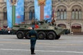 Armored personnel carrier BTR-82A at the dress rehearsal of the military parade in honor of Victory Day on Moscow`s Red Square Royalty Free Stock Photo