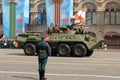 Armored personnel carrier BTR-82A at the dress rehearsal of the military parade in honor of Victory Day on Moscow`s Red Square Royalty Free Stock Photo