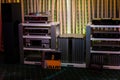 audio systems Burmester - turntable, floorstanding speakers, preamp, power amp in a dark room at the hi fi high end show Royalty Free Stock Photo