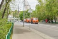 Moscow. Russia. May 23, 2017. Bashilovskaya st. Three watering and cleaning machines at work