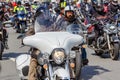 Moscow, Russia - May 04, 2019: Bikers in an organized column ride along Garden Ring in Moscow. Motofestival MosMotoFest 2019. Royalty Free Stock Photo