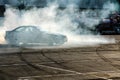 Moscow, Russia - May 25, 2019: Black Drift bmw. Tuned car drifting in the fenced area. Burnout. Right Side view