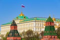 Moscow, Russia - May 01, 2019: Building of Grand Kremlin Palace with waving flag of Russian Federation on the roof against Moscow