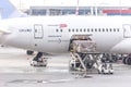 MOSCOW, RUSSIA - 09 MAY, 2019: Busy day at the Sheremetyevo airport. Preparation of the airplane before flight, loading