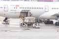 MOSCOW, RUSSIA - 09 MAY, 2019: Busy day at the Sheremetyevo airport. Preparation of the airplane before flight, loading