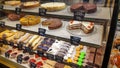 Moscow, Russia, May 17, 2020. Cakes on the shelves of a window of a street restaurant. Showcase of a pastry shop or cafe