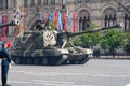 Moscow, Russia - may 09, 2008: celebration of Victory Day WWII parade on red square. Solemn passage of military equipment, flying Royalty Free Stock Photo