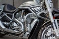 Moscow, Russia - May 04, 2019: Chrome engine with exhaust system pipes of Harley Davidson motorcycle. Moto festival MosMotoFest