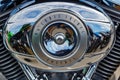 Moscow, Russia - May 04, 2019: Chrome engine of Harley Davidson motorcycle closeup. Moto festival MosMotoFest 2019 Royalty Free Stock Photo