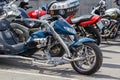 Moscow, Russia - May 04, 2019: Chromed BOOM tourist trike in a parking at sunny day. Moto festival MosMotoFest 2019