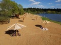 Moscow, Russia - May 07. 2018. city beach on pond in Zelenograd Royalty Free Stock Photo