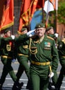 The commander of the ceremonial calculation of a separate railway brigade, Colonel Igor Orlov, during the parade on Red Square.