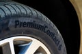 MOSCOW, RUSSIA - MAY 25, 2021 Continental tire logo on the sidewall of the new tire