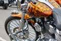 Moscow, Russia - May 04, 2019: Custom chromed and painted with airbrushing Harley Davidson motorcycle closeup. Moto festival