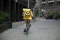 Delivery man on the bike, yandex backpack fast food express courier