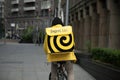 Delivery man on the bike, yandex backpack fast food express courier