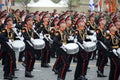 Drummers of the Moscow military music school during the parade on red square in honor of victory Day