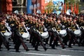 Drummers of the Moscow military music school during the parade dedicated to Victory day.