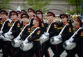 Drummers of the Moscow military musical school during the dress rehearsal of the parade on Red Square in honor of the Victory Day.