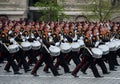 Drummers of the Moscow military musical school during the dress rehearsal of the parade on Red Square in honor of the Victory Day.