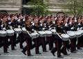 Drummers of the Moscow military musical school during the dress rehearsal of the parade on Red Square in honor of the Victory Day.