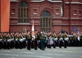 Drummers of the Moscow military musical school during the dress rehearsal of the parade on Red Square in honor of the Victory Day.